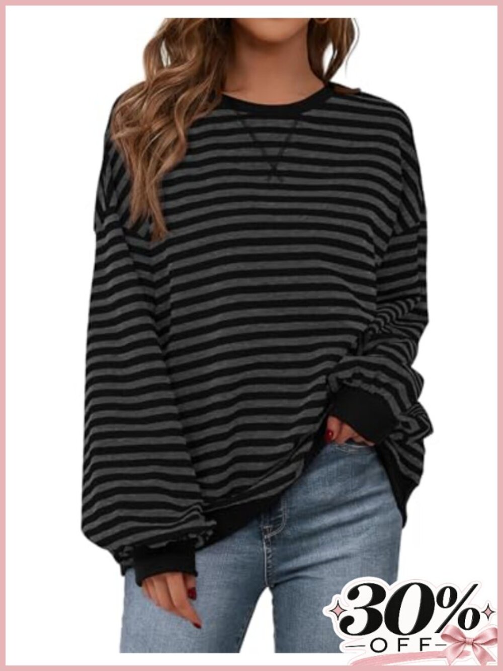 Oversized Striped Crewneck Sweatshirt Cotton Blend Loose Fit Pullover